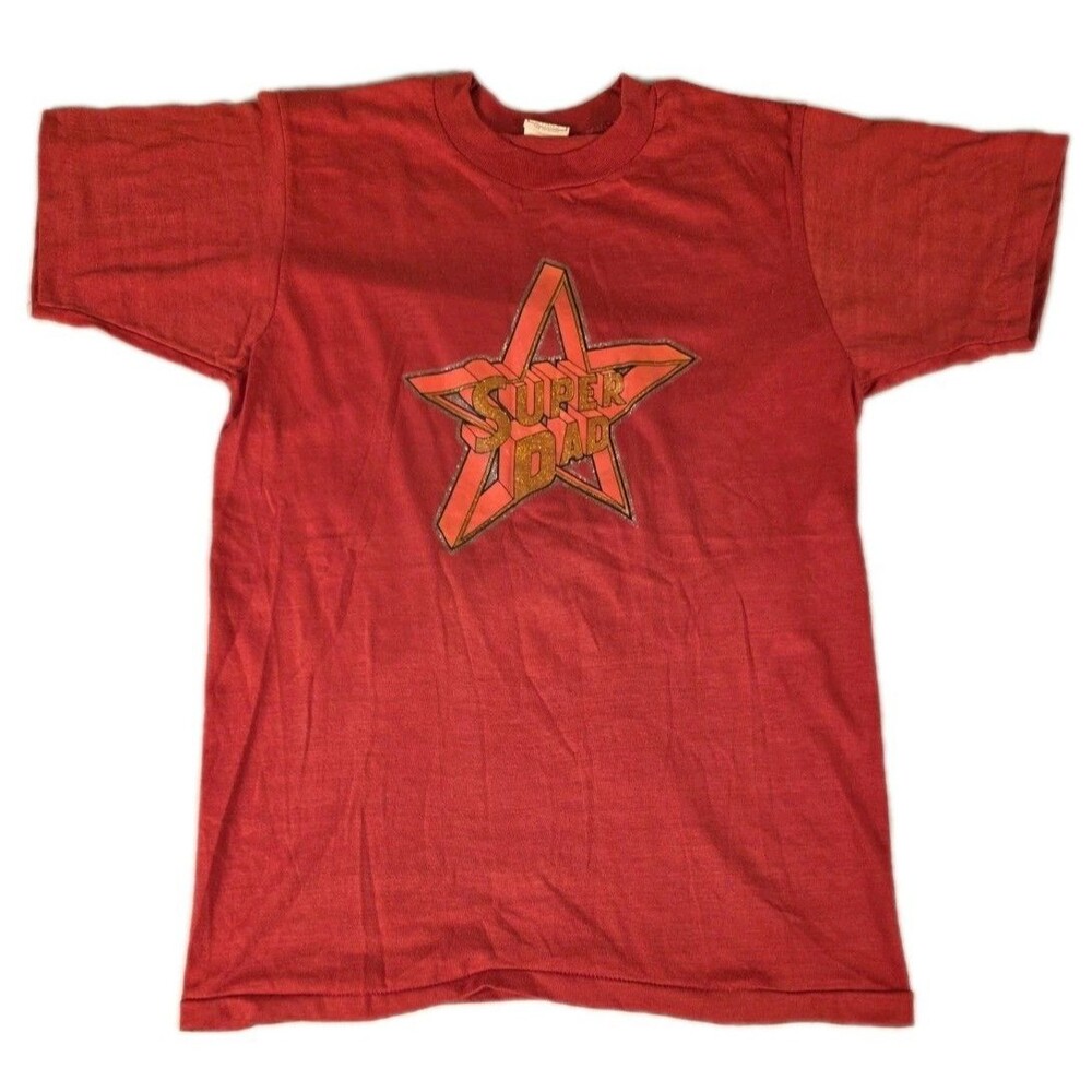 Vintage 70s Super Dad Screen Stars Single Stitch Funny Glitter USA Medium Red